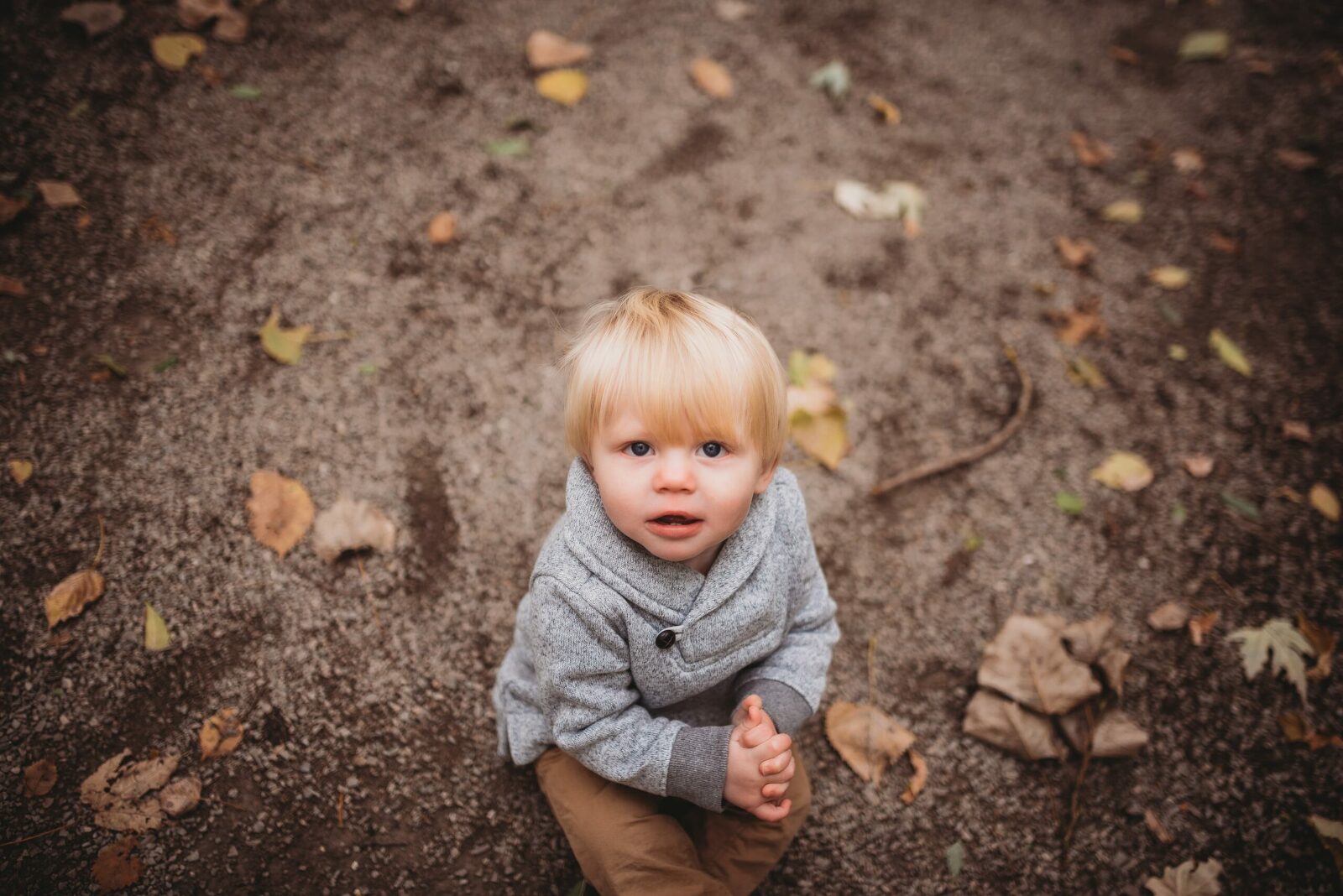 one year old boy sitting with fall leaves on ground