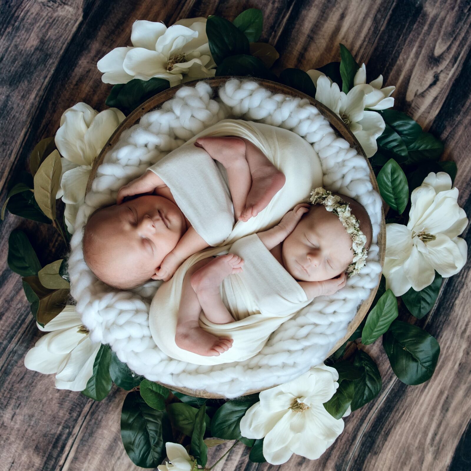 newborn twin baby sister and brother posed in bowl with magnolia flowers floral halo